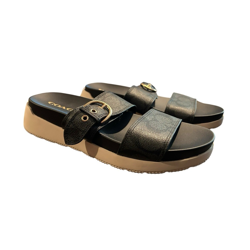 Coach Gwen‎ C8925 Signature Black Buckle Strap Leather Sandals Women US 7.5B - Picture 3 of 9